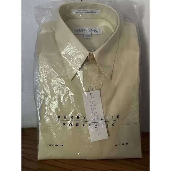Perry Ellis Portfolio Button Up Yellow Shirt 100% Cotton 15 32/33 - Picture 1 of 3